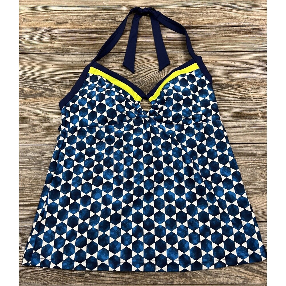 Jag Women’s Tankini Top Halter Style Blue Yellow Geometric Print Size Small NWT